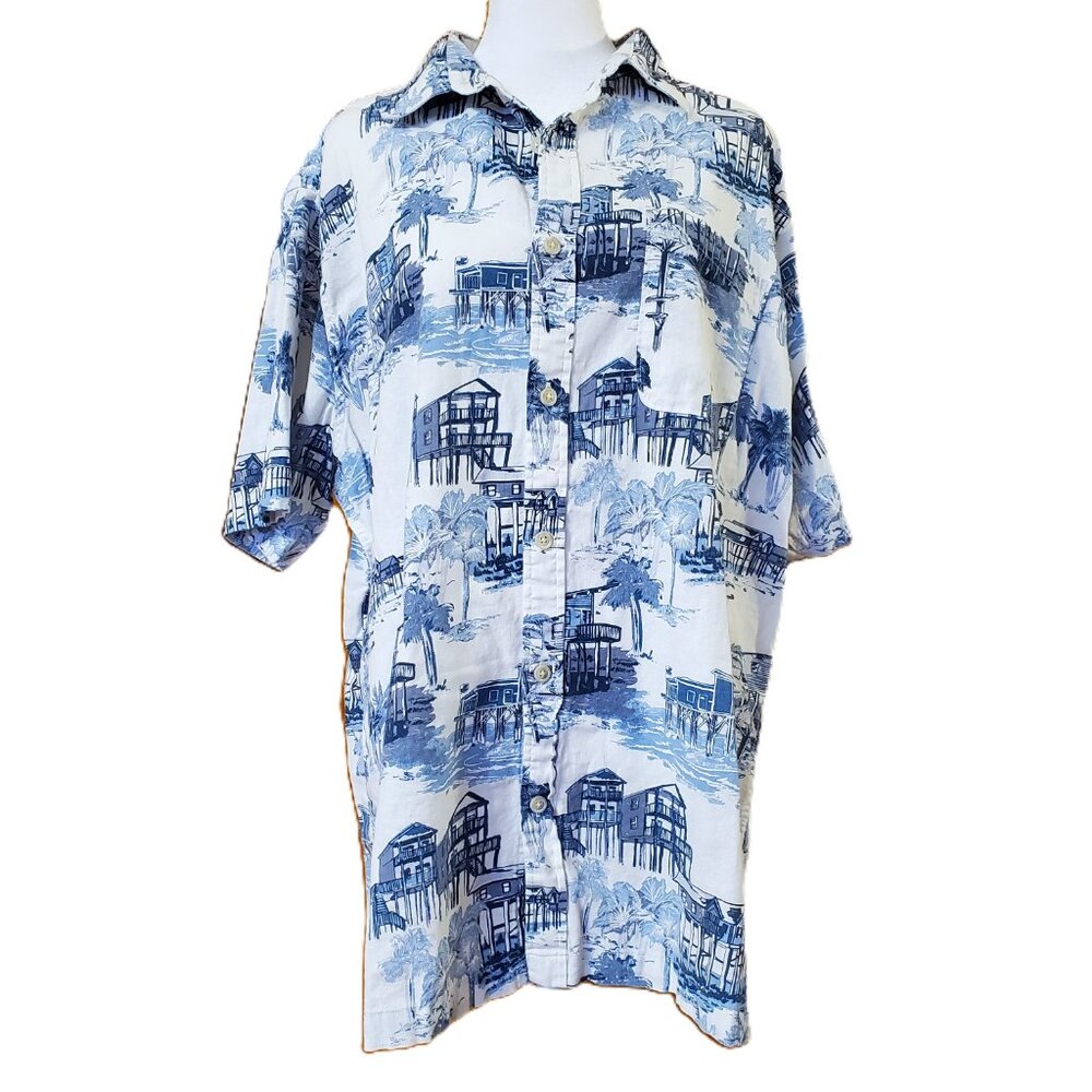 Croft & Barrow Men's Button Down Tropical Beach House Shirt Blue White Size L